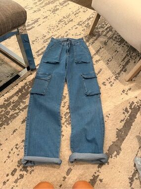 SHEIN Blue High-Rise Wide-Leg Cargo Jeans